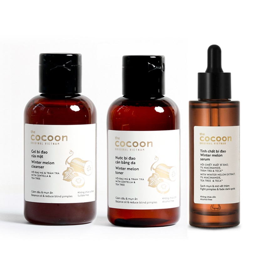 Bộ 3 chăm sóc da mụn Cơ bản: Gel rửa mặt + Toner + Tinh chất bí đao cocoon Bộ 3 chăm sóc da mụn Cơ bản: Gel rửa mặt + Toner + Tinh chất bí đao cocoon