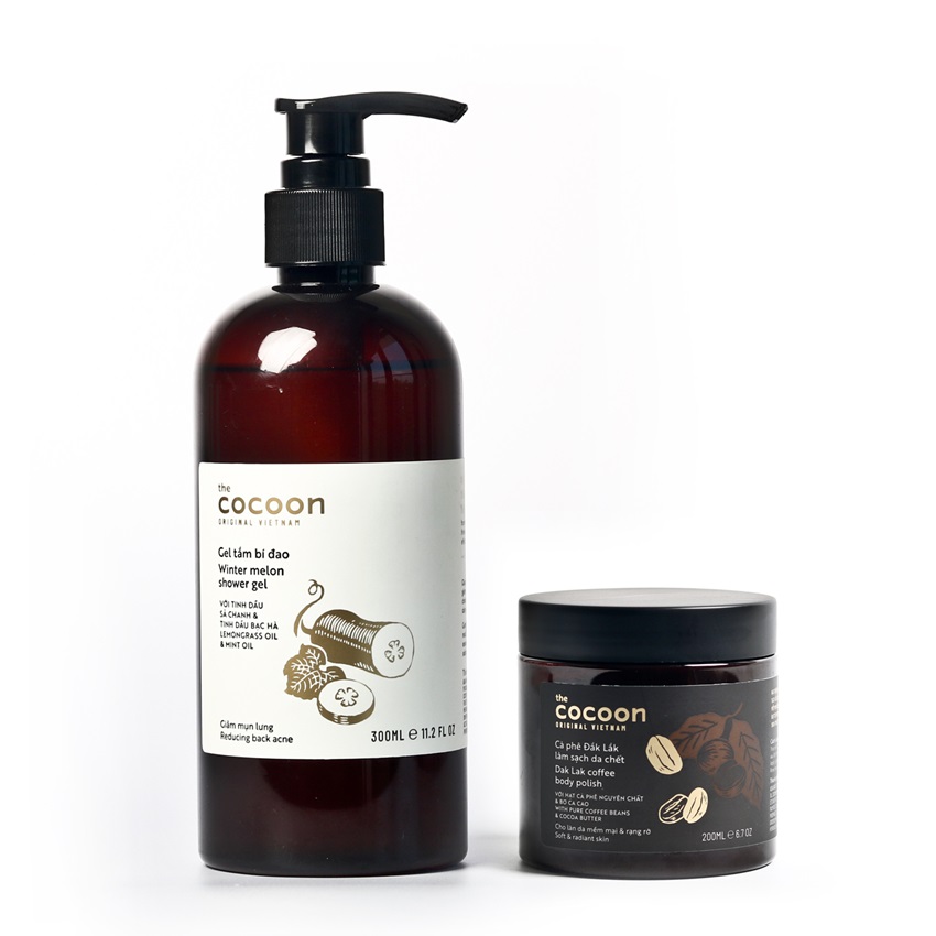 Combo Gel tắm bí đao Cocoon 300ml + Cà phê Đắk lắk làm sạch da chết 200ml Combo Gel tắm bí đao Cocoon 300ml + Cà phê Đắk lắk làm sạch da chết 200ml